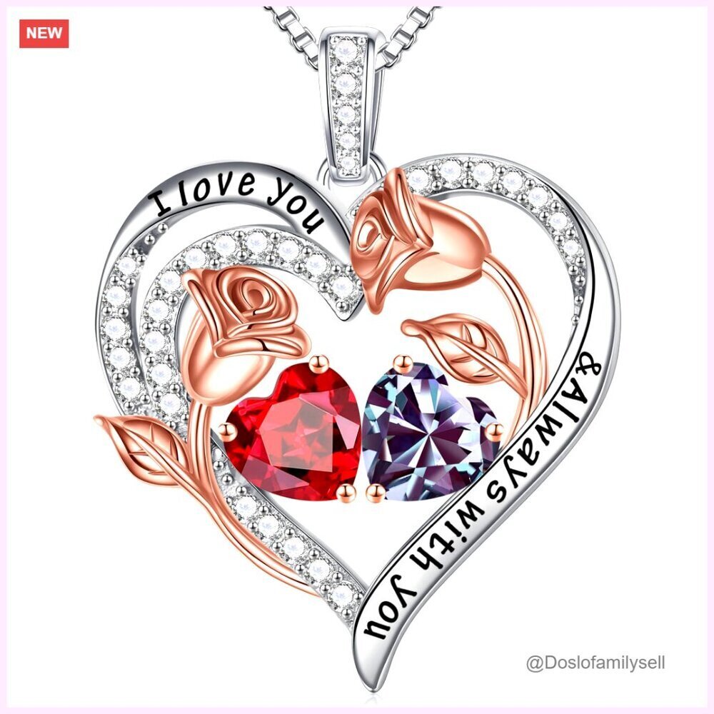 Sterling Silver Double Heart Birthstone Pendant Necklace Elegant Anniversary